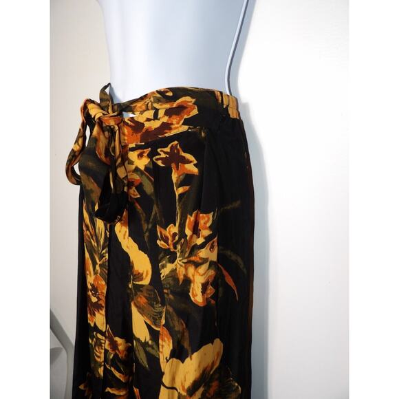 Faithfull The Brand Sz 6 Wrap Pants Black Orange Floral Palazzo Front Slits Pull - Picture 13 of 16